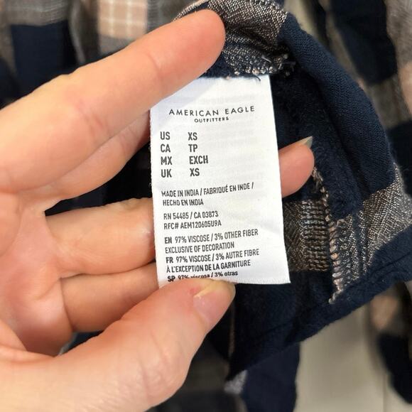 American Eagle NWT Navy Plaid Peasant Blouse XS – Boho Tassel Tie Long Sleeve - Picture 9 of 9